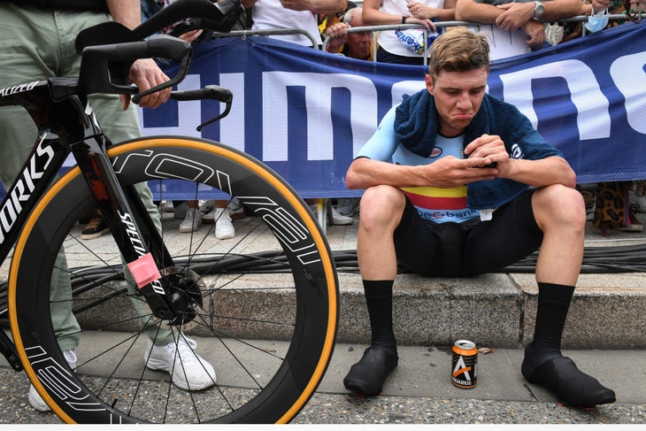 Belgian Remco Evenepoel of Deceuninck - Quick-Step pictured after the men elite time trial race, 43,3 km from Knokke-Heist to Brugge, at the UCI World Championships Road Cycling Flanders 2021, in Brugge on Sunday 19 September 2021. The Worlds take place from 19 to 26 September 2021, in several cities in Flanders, Belgium. BELGA PHOTO POOL SIMON WILKINSON (Photo by POOL SIMON WILKINSON/BELGA MAG/AFP via Getty Images)