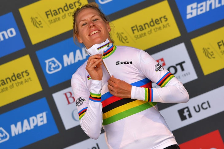 BRUGES, BELGIUM - SEPTEMBER 20: Ellen Van Dijk of Netherlands with world champion jersey celebrates winning the gold medal on the podium ceremony after the 94th UCI Road World Championships 2021 - Women Elite a 30,30km Individual Time Trial race from Knokke-Heist to Bruges / #flanders2021 / ITT / on September 20, 2021 in Bruges, Belgium. (Photo by Luc Claessen/Getty Images)