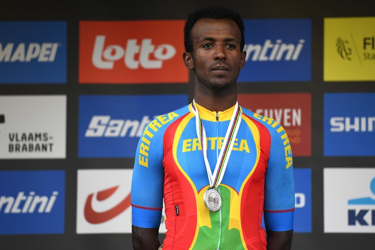 LEUVEN, BELGIUM - SEPTEMBER 24: Silver medalist Biniam Girmay of Eritrea celebrates winning during the medal ceremony after the 94th UCI Road World Championships 2021 - Men U23 Road Race a 160,9km race from Antwerp to Leuven / #flanders2021 / on September 24, 2021 in Leuven, Belgium. (Photo by Tim de Waele/Getty Images)