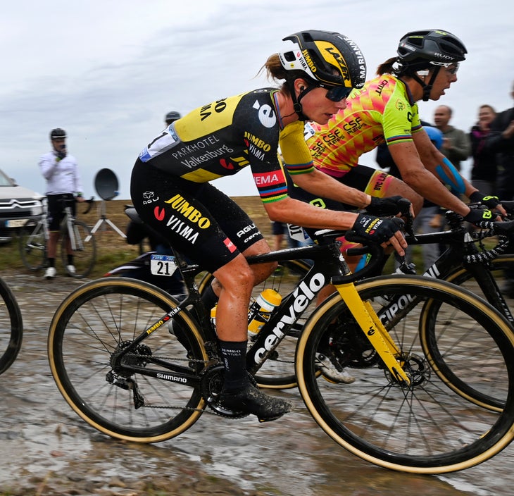 Dutch Marianne Vos of Team Jumbo-Visma pictured in action during the first edition of the women elite race of the 'Paris-Roubaix' cycling event, 116,5km from Denain to Roubaix, France on Saturday 02 October 2021. BELGA PHOTO ERIC LALMAND (Photo by ERIC LALMAND/BELGA MAG/AFP via Getty Images)