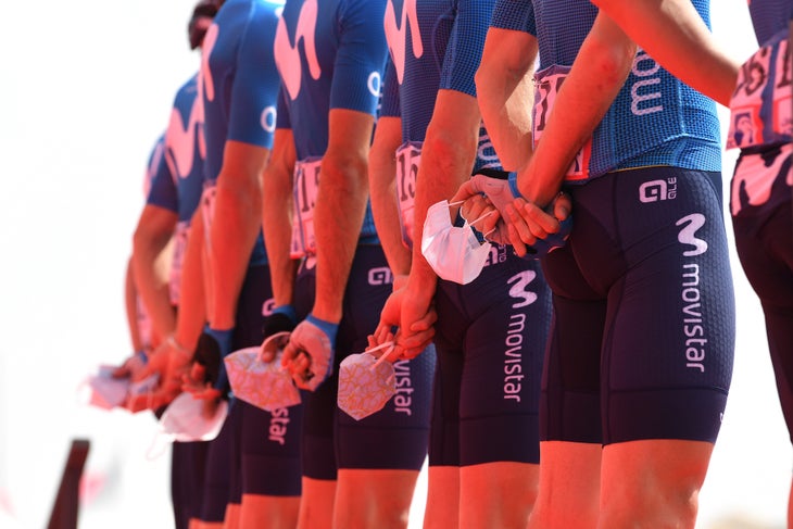 PALM JUMEIRAH, DUBAI - UNITED ARAB EMIRATES - FEBRUARY 26: Start / Movistar Team during the 3rd UAE Tour 2021, Stage 6 a 165km stage from Deira Islands to Palm Jumeirah / Mask / Covid Safety Measures / Detail view / #UAETour / on February 26, 2021 in Palm Jumeirah - Dubai, United Arab Emirates. (Photo by Tim de Waele/Getty Images)