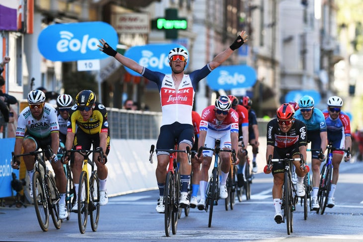 SANREMO, ITALY - MARCH 20: Arrival / Jasper Stuyven of Belgium and Team Trek - Segafredo Celebration, Michael Matthews of Australia and Team BikeExchange, Alex Aranburu Deba of Spain and Team Astana – Premier Tech, Peter Sagan of Slovakia and Team Bora - Hansgrohe, Wout Van Aert of Belgium and Team Jumbo - Visma, Mathieu Van Der Poel of Netherlands and Team Alpecin-Fenix & Caleb Ewan of Australia and Team Lotto Soudal during the 112th Milano-Sanremo 2021 a 299km race from Milano to Sanremo / #MilanoSanremo / La Classicissima / #UCIWT / on March 20, 2021 in Sanremo, Italy. (Photo by Tim de Waele/Getty Images)