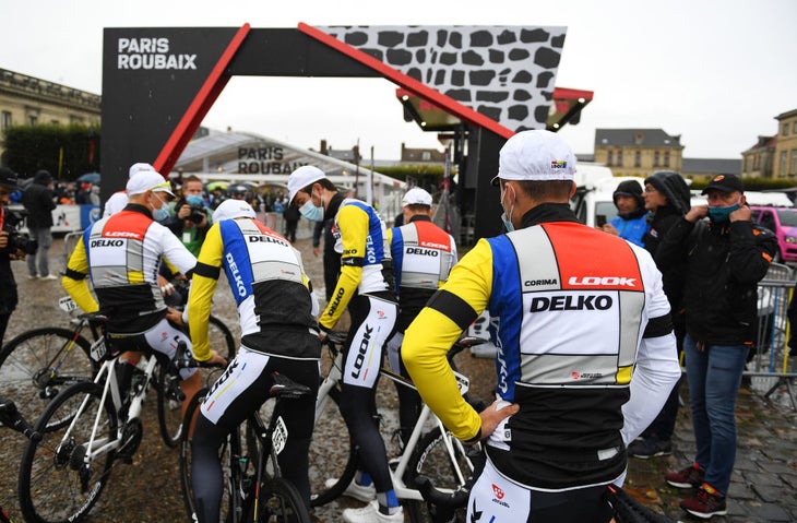 ROUBAIX, FRANCE - OCTOBER 03: Riders of Team DELKO wear a special edition 'Look 1985' kit for Paris-Roubaix based in La Vie Claire Team jersey of the 1980s inspired by Dutch artist Piet Mondrian prior to the 118th Paris-Roubaix 2021 - Men's Eilte a 257,7km race from Compiègne to Roubaix / #ParisRoubaix / on October 03, 2021 in Roubaix, France. (Photo by Tim de Waele / Getty Images)