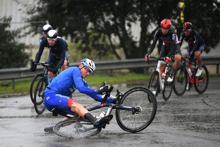 ROUBAIX, FRANCE - OCTOBER 03: Stefan Kung of Switzerland and Team Groupama - FDJ crashes during the 118th Paris-Roubaix 2021 - Men's Eilte a 257,7km race from Compiègne to Roubaix / #ParisRoubaix / on October 03, 2021 in Roubaix, France. (Photo by Tim de Waele / Getty Images)