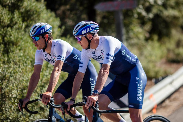 06 November 2021, Israel, Jerusalem: British cyclist Chris Froome (R) of UCI WorldTeam Israel Start-Up Nation (ISN) takes part in an exhibition ride organized by the team in Jerusalem. Photo: Ilia Yefimovich/dpa (Photo by Ilia Yefimovich/picture alliance via Getty Images)