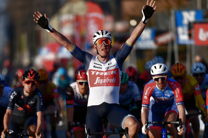 KUURNE, BELGIUM - FEBRUARY 28: Arrival / Mads Pedersen of Denmark and Team Trek - Segafredo Celebration during the 73rd Kuurne - Bruxelles - Kuurne 2021 a 197km race from Kuurne to Kuurne / #KBK21 / #KuurneBrusselKuurne / on February 28, 2021 in Kuurne, Belgium. (Photo by Mark Van Hecke/Getty Images)