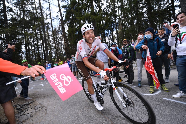 VALLE SPLUGA - ALPE MOTTA, ITALY - MAY 29: Larry Warbasse of United States and AG2R Citröen Team passing through Valle Spluga - Alpe Motta (1727m) mountain during the 104th Giro d'Italia 2021, Stage 20 a 164km stage from Verbania to Valle Spluga - Alpe Motta 1727m / Public / Fans / #UCIworldtour / @girodiitalia / #Giro / on May 29, 2021 in Valle Spluga - Alpe Motta, Italy. (Photo by Tim de Waele/Getty Images)
