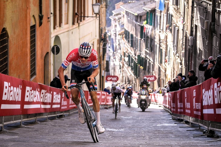 SIENA, ITALY - MARCH 06: Mathieu Van Der Poel of Netherlands and Team Alpecin-Fenix, Julian Alaphilippe of France and Team Deceuninck - Quick-Step & Egan Arley Bernal Gomez of Colombia and Team INEOS Grenadiers during the Eroica - 15th Strade Bianche 2021, Men's Elite a 184km race from Siena to Siena - Piazza del Campo / Breakaway / #StradeBianche / on March 06, 2021 in Siena, Italy. (Photo by Luc Claessen/Getty Images)