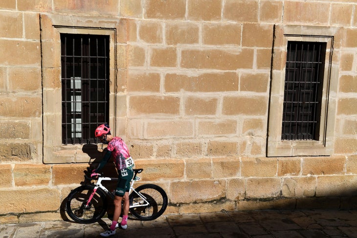 UBEDA, SPAIN - FEBRUARY 14: A general view of Lachlan David Morton of Australia and Team EF Education - Easypost prior to the 1st Clásica Jaén Paraíso Interior 2022 a 187,7km one day race from Baeza to Ubeda 727m / #ClásicaJaén22 / on February 14, 2022 in Ubeda, Spain. (Photo by Tim de Waele/Getty Images)