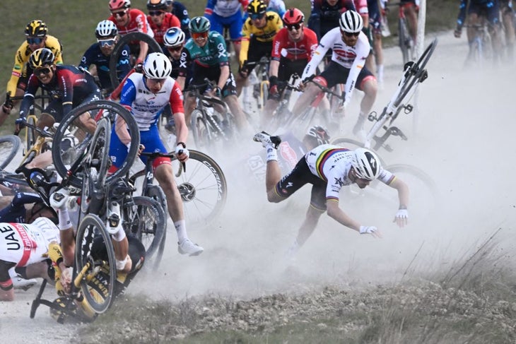 A crash with 100km to go was caused by strong winds