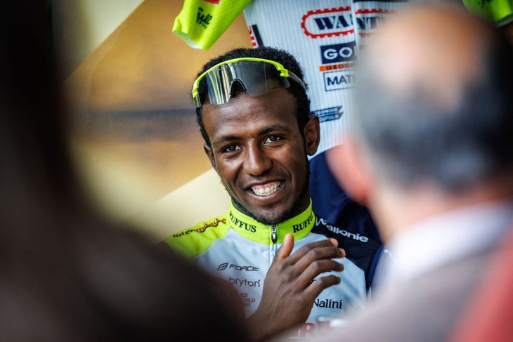 Biniam Girmay talks to the press the day after his Gent-Wevelgem win
