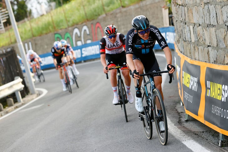Søren Kragh Andersen (Team DSM) climbing ahead of Tadej Pogacar