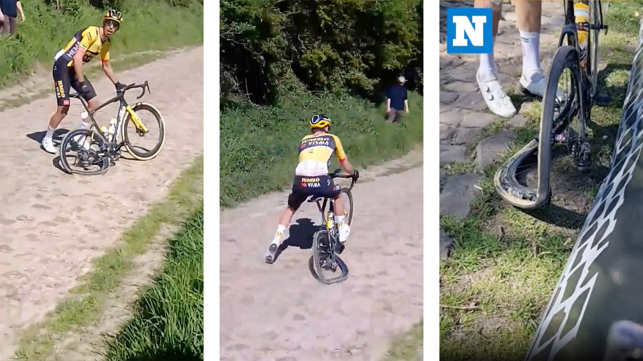 Watch videos of Wout van Aert and Christophe Laporte riding broken wheels at Paris-Roubaix