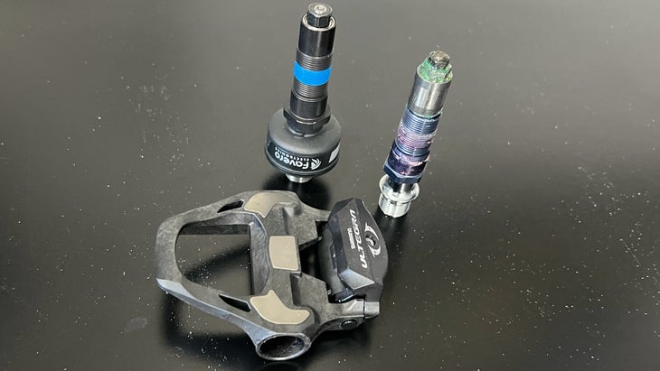 Favero Assioma Shi power meter spindle and and Shimano Ultegra R8000 pedal body and spindle.