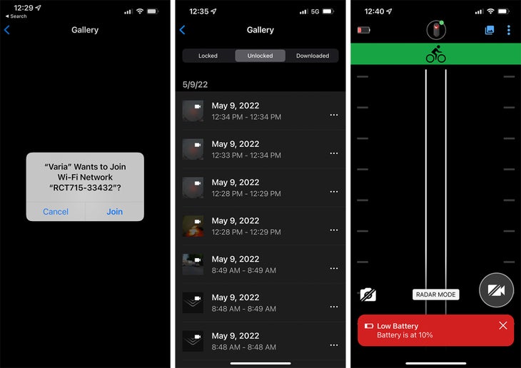 Left to right: how to connect to the Varia with a mobile app; a list of video files; screen indicating traffic approaching from behind, as well as battery remaining.