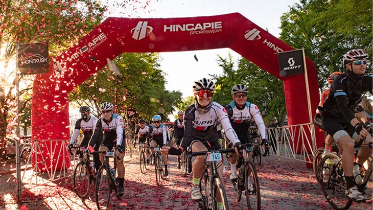 Cyclists at the Gran Fondo Hincapie finish line