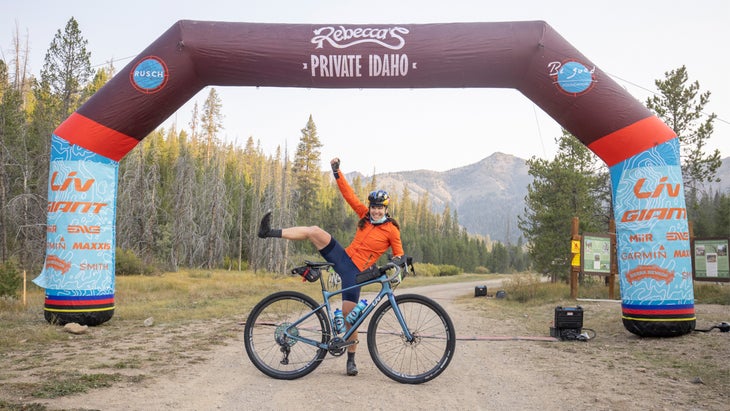 Cyclist celebrating at the finish line