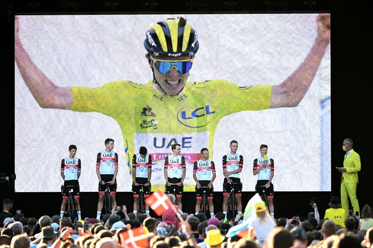 Tadej Pogacar and his teammates on stage in Copenhagen