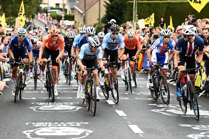 Remco Evenepoel and Wout van Aert ride together at the 2021 worlds