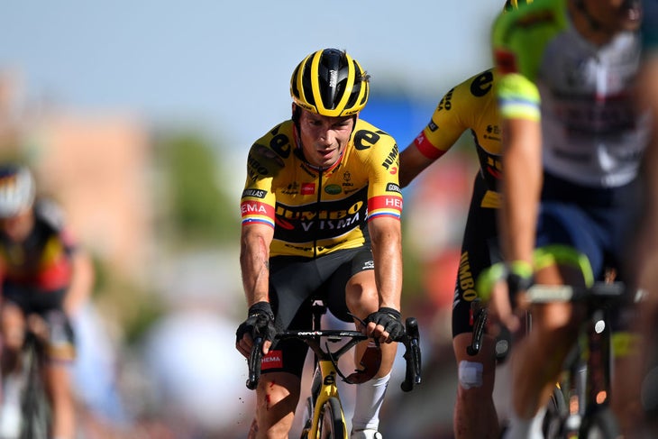Primoz Roglic crosses the line after his crash