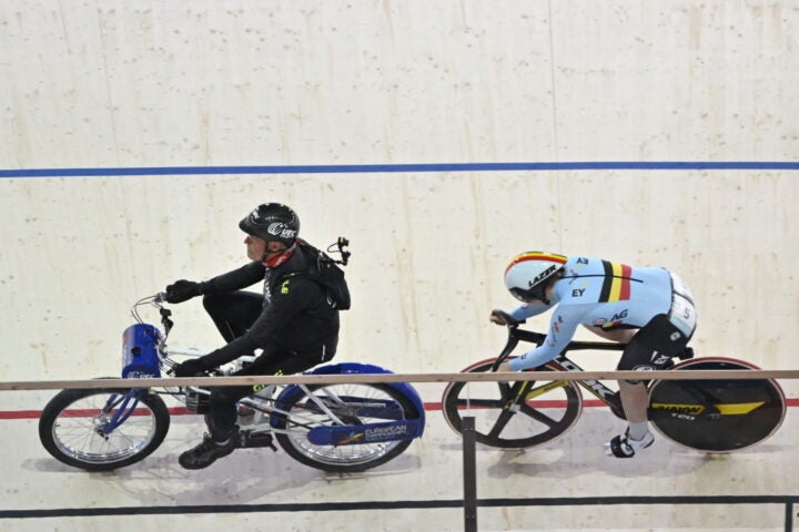 The opening laps of the Keirin are ridden behind the Derny