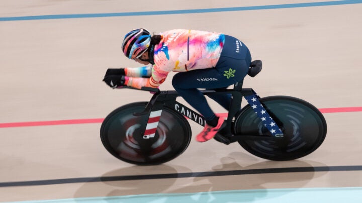 Chloe Dygert training at the 7Eleven Velodrome in Colorado Springs.