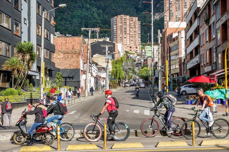 Bogota, Colombia, Chapinero Norte Avenida, Carrera 7, group of cyclists lined up in the bike lane waiting for traffic