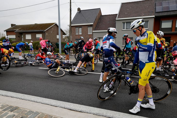 A mass crash at the Tour of Flanders