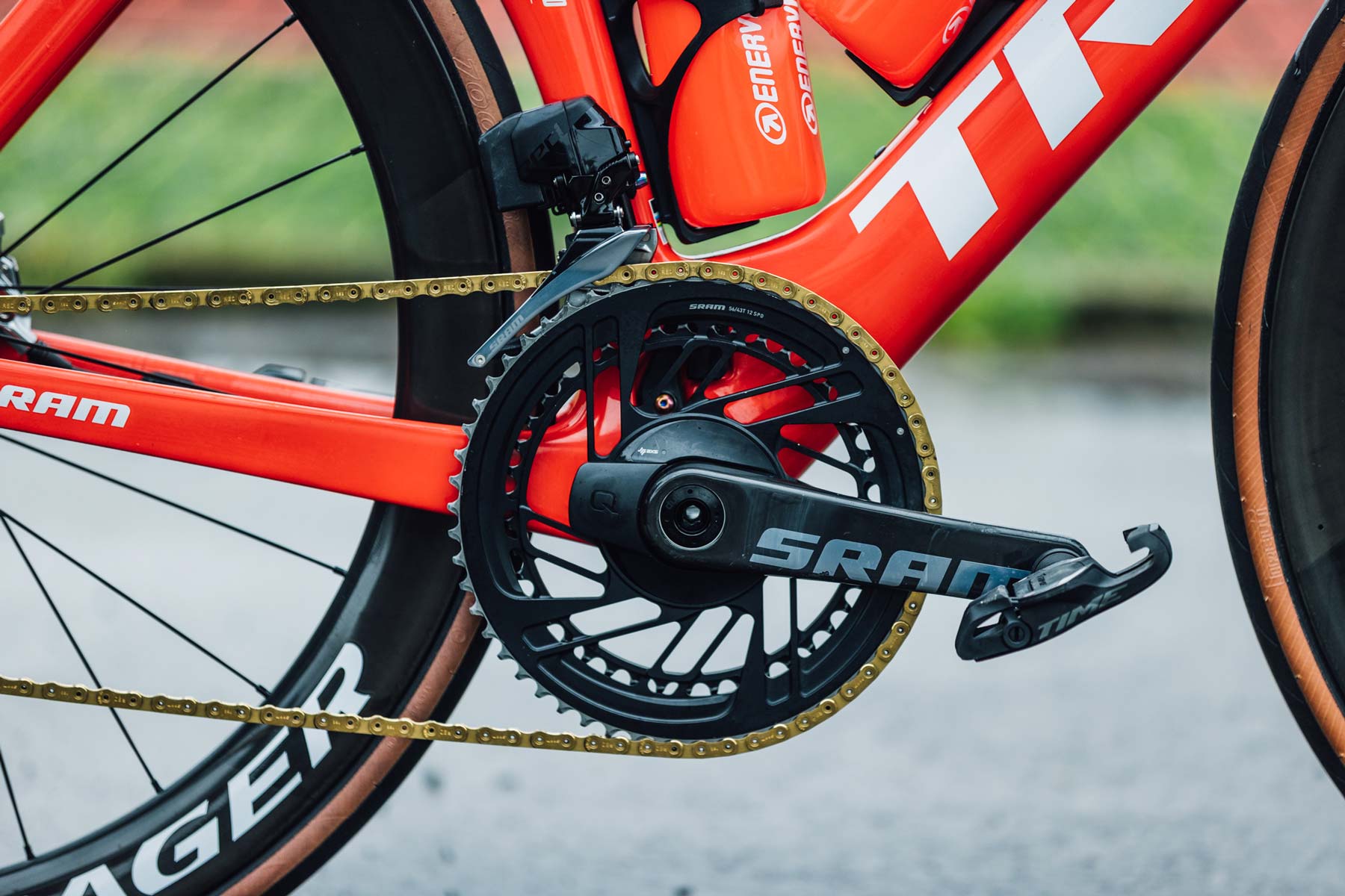 Mads Pedersen's Trek Madone SLR 9 Trek-Segafredo team bike for the Giro d'Italia close up of Sram red crankset and gold chain