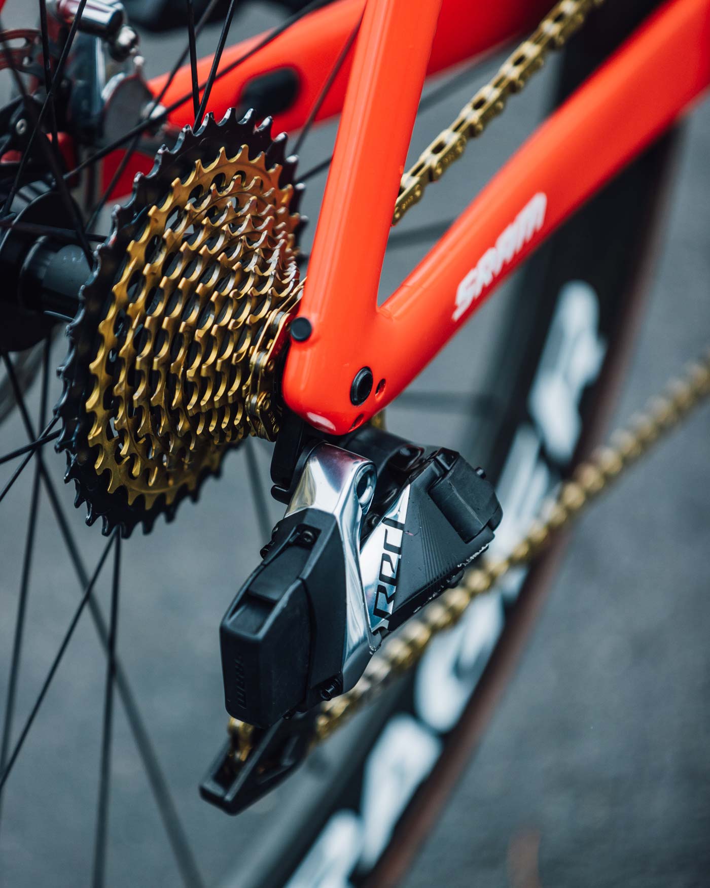 Mads Pedersen's Trek Madone SLR 9 Trek-Segafredo team bike for the Giro d'Italia close up of Sram red cassette and rear derailleur