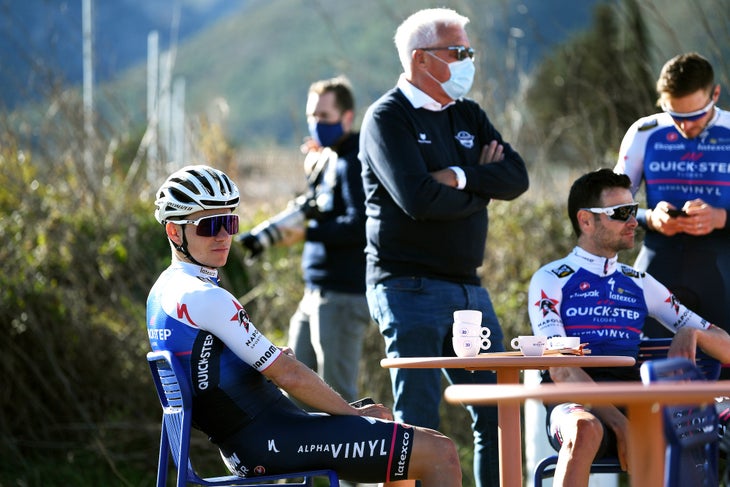 Remco Evenepoel of Belgium and Patrick Lefevere of Belgium CEO Team manager during the Quick-Step Alpha Vinyl Team 2022 - Media Day on January 10, 2022 in Calpe, Spain.