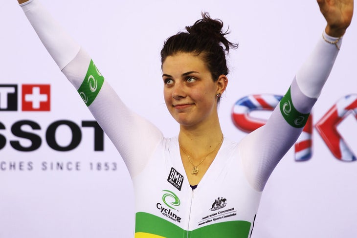 Melissa Hoskins of Australia celebrates winning the Women's Scratch Race during the UCI Track Cycling World Cup - LOCOG Test Event for London 2012 at the Olympic Velodrome on February 17, 2012 in London, England.