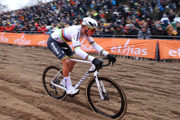 Netherlands' Mathieu Van Der Poel competes in the men's elite race at the World Cup Cyclocross cycling event in Zonhoven on January 7, 2024. (Photo by DAVID PINTENS / Belga / AFP)