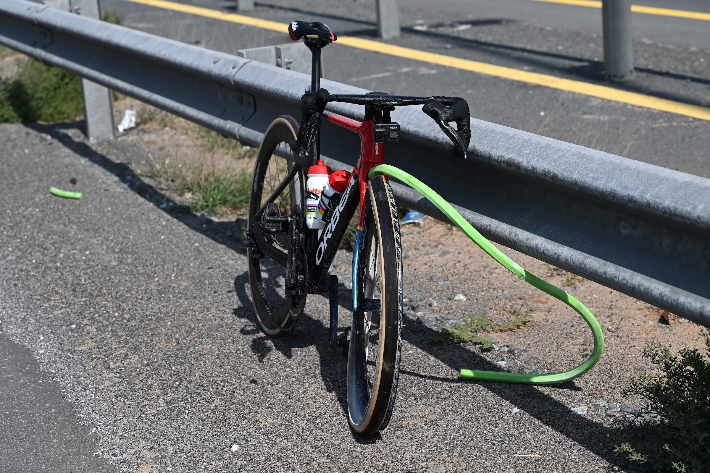 Detailed view of Belgian Thomas De Gendt and Team Lotto Dstny's bike damaged after his crash during the 6th UAE Tour 2024, Stage 5 a 182km stage from Al Aqah to Umm al Qaiwain / #UCIWT / on February 23, 2024 in Al Aqah, United Arab Emirates. (Photo by Tim de Waele/Getty Images)