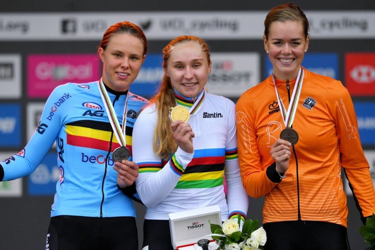 Podium / Julie De Wilde of Belgium Silver medal / Megan Jastrab of The United States Gold medal / Lieke Nooijen of The Netherlands Bronze medal / Celebration / during the 92nd UCI Road World Championships 2019, Women Junior Road Race a 86km race from Doncaster to Harrogate 121m / @Yorkshire2019 / #Yorkshire2019 / on September 27, 2019 in Harrogate, England. (Photo by Tim de Waele/Getty Images)