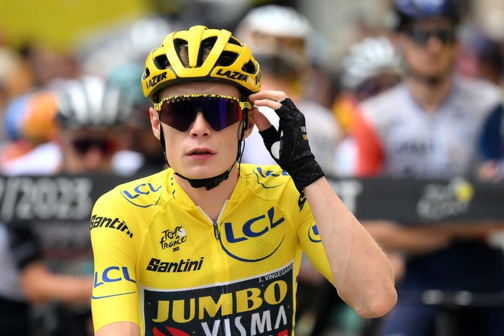 BELFORT, FRANCE - JULY 22: Jonas Vingegaard of Denmark and Team Jumbo-Visma - Yellow leader jersey prior to the stage twenty of the 110th Tour de France 2023 a 133.5km stage from Belfort to Le Markstein 1192m / #UCIWT / on July 22, 2023 in Belfort, France. (Photo by David Ramos/Getty Images)