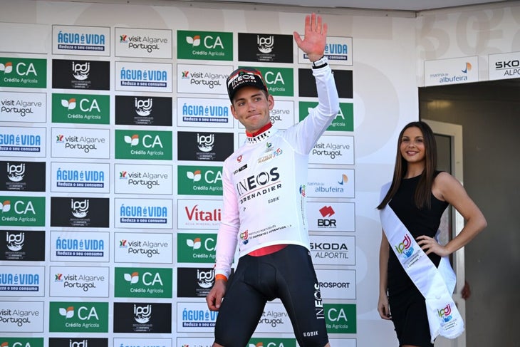 Magnus Sheffield of The United States and Team INEOS Grenadiers celebrates at podium as White Best Young Rider Jersey winner during the 50th Volta ao Algarve em Bicicleta 2024, Stage 4 a 22km individual time trial in Albufeira on February 17, 2024 in Albufeira, Portugal. (Photo by Dario Belingheri/Getty Images)