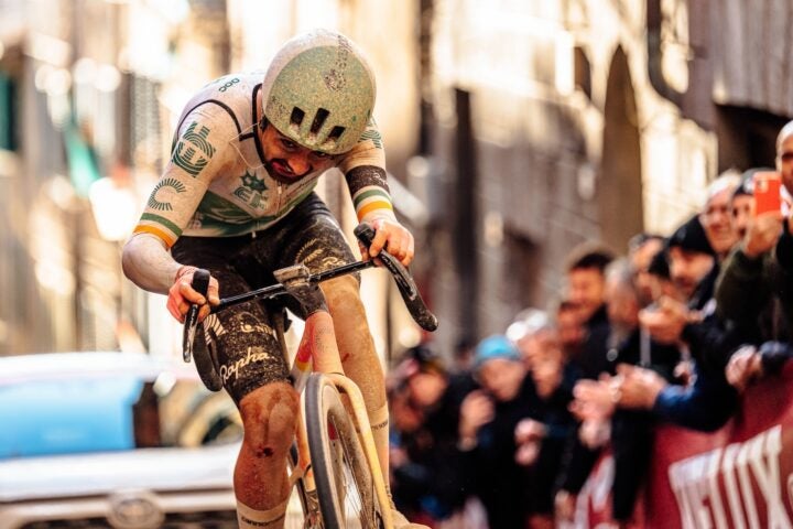 Digging deep in this year's Strade Bianche. Ben Healy won't be wearing the distinctive Irish national champion's kit in his debut Tour, having missed the defence of his title to be fresh for the Tour. But his riding style and aggression should make him unmistakeable anyway. (Photo by Chris Auld)