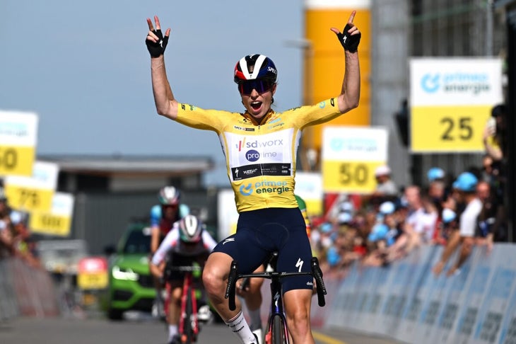 Demi Vollering of The Netherlands and Team SD Worx-Protime - Yellow Leader Jersey celebrates at finish line as stage winner during the 4th Tour de Suisse Women 2024, Stage 4 a 127.5km stage from Champagne to Champagne / #UCIWWT / on June 18, 2024 in Champagne, Switzerland. (Photo by Tim de Waele/Getty Images)