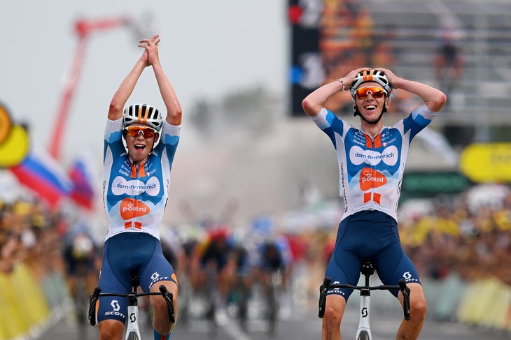 Concerns for French Cycling on Eve of Tour de France Reveal 2 RIMINI, ITALY - JUNE 29: (L-R) Frank van den Broek of Netherlands and stage winner Romain Bardet of France and Team dsm-firmenich PostNL celebrate at finish line during the 111th Tour de France 2024, Stage 1 a 206km stage from Firenze to Rimini / #UCIWT / on June 29, 2024 in Rimini, Italy. (Photo by Dario Belingheri/Getty Images)