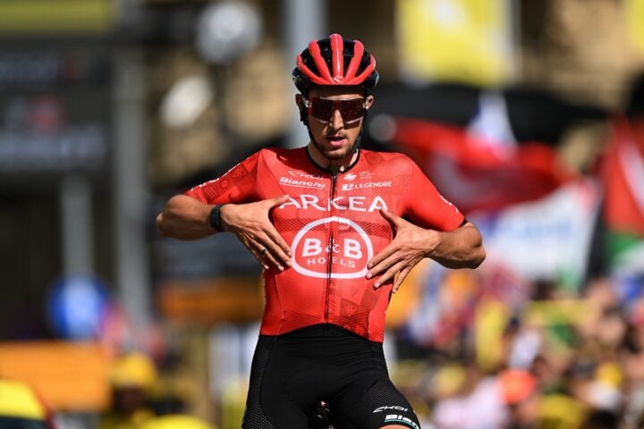 BOLOGNA, ITALY - JUNE 30: Kevin Vauquelin of France and Team Arkea - B&B Hotels celebrates at finish line as stage winner during the 111th Tour de France 2024, Stage 2 a 199.2km stage from Cesenatico to Bologna / #UCIWT / on June 30, 2024 in Bologna, Italy. (Photo by Tim de Waele/Getty Images)