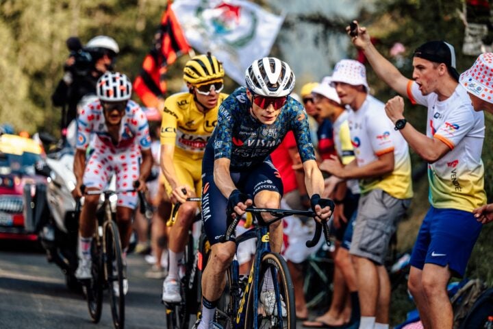 Jonas Vingegaard (Visma-Lease a Bike) leads Tadej Pogacar (UAE Team Emirates) and King of the Mountains leader Richard Carapaz (EF Education-EasyPost) on stage 20 of the Tour de France. (Photo by Chris Auld)