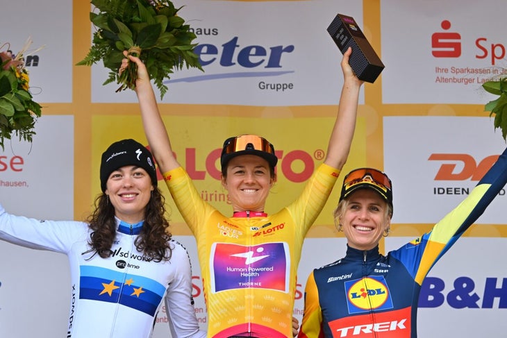 SCHMALKALDEN, GERMANY - JUNE 30: (L-R) Mischa Bredewold of The Netherlands and Team SD Worx-Protime on second place, race winner Ruth Edwards of The United States and Team Human Powered Health Yellow Leder Jersey and Brodie Chapman of Australia and Team Lidl-Trek on third place pose on the podium ceremony after the 36th Internationale LOTTO Thüringen Ladies Tour 2024, Stage 6 a 105.4km stage from Schmalkalden to Schmalkalden on June 30, 2024 in Schmalkalden, Germany. (Photo by Luc Claessen/Getty Images)