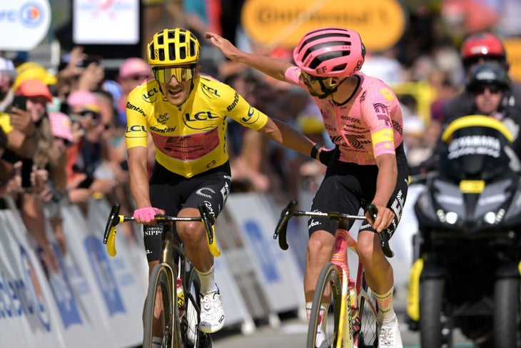 VALLOIRE, FRANCE - JULY 02: (L-R) Richard Carapaz of Ecuador - EasyPost - Yellow Leader Jersey and Ben Healy of Ireland and Team EF Education - EasyPost cross the finish line during the 111th Tour de France 2024, Stage 4 a 139.4km stage from Pinerolo to Valloire / #UCIWT / on July 02, 2024 in Valloire, France. (Photo by Tim de Waele/Getty Images)