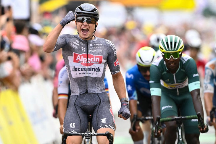 Will Cavendish bow out in Singapore? 2 Alpecin-Deceuninck team's Belgian rider Jasper Philipsen cycles to the finish line to win ahead of second-placed Intermarche - Wanty team's Eritrean rider Biniam Girmay (R) during the 10th stage of the 111th edition of the Tour de France cycling race, 187,3 km between Orleans and Saint-Amand-Montrond, central France, on July 9, 2024. (Photo by Marco BERTORELLO / AFP) (Photo by MARCO BERTORELLO/AFP via Getty Images)