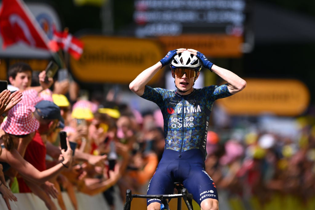 LE-LIORAN, FRANCE - JULY 10: Jonas Vingegaard Hansen of Denmark and Team Visma | Lease a Bike celebrates at finish line as stage winner during the 111th Tour de France 2024, Stage 11 a 211km stage from Evaux-les-Bains to Le Lioran (1239m) / #UCIWT / on July 10, 2024 in Le Lioran, France. (Photo by Dario Belingheri/Getty Images)