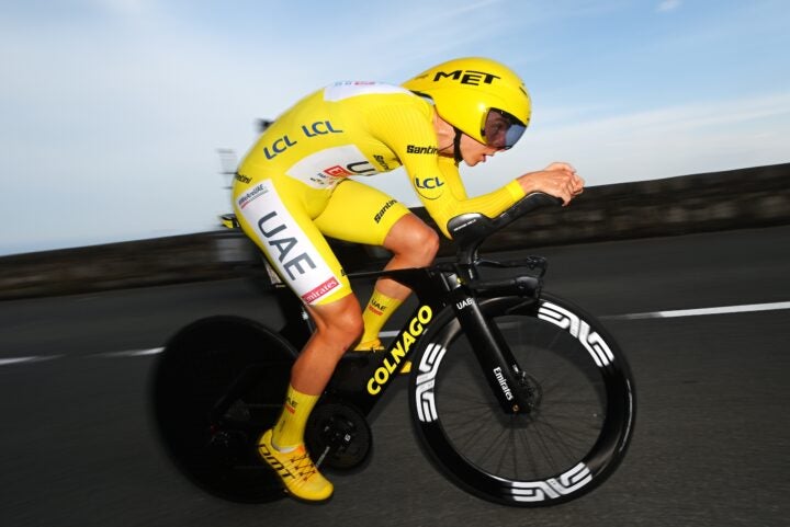 MONACO, FRANCE - JULY 21: Tadej Pogacar of Slovenia and UAE Team Emirates - Yellow Leader Jersey sprints during the 111th Tour de France 2024, Stage 21 a 33.7km individual time trial from Monaco to Nice / #UCIWT / on July 21, 2024 in Monaco, France. (Photo by Dario Belingheri/Getty Images)