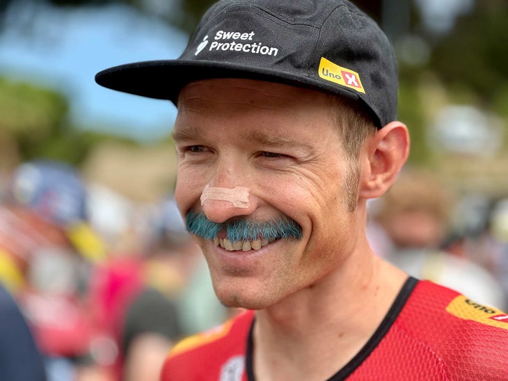 Danish cyclist Magnus Cort dyed his mustache blue at the 2024 Tour de France over a bet.