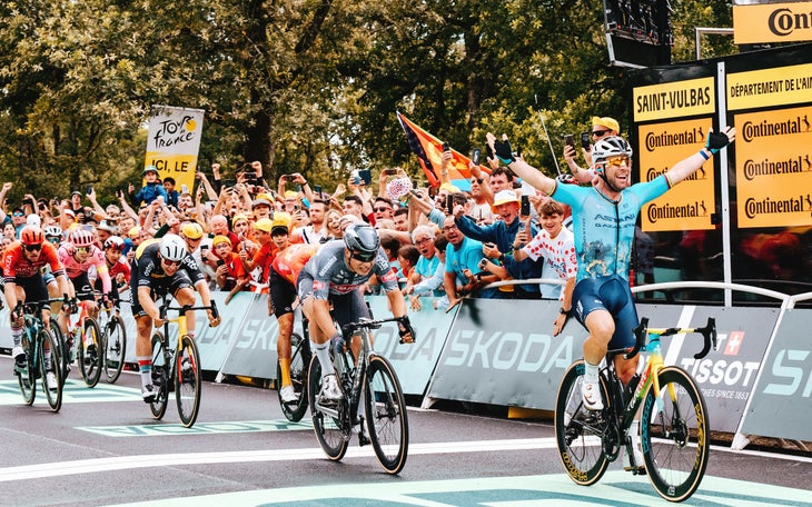 On stage 5 of the 2024 Tour de France Mark Cavendish won the sprint becoming the winningest rider in Tour de France history with 35 stage wins. Photo: Gruber Images