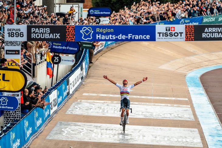 Mathieu van der Poel showed his ability in winning Paris-Roubaix in the rainbow jersey. (Photo by Chris Auld)